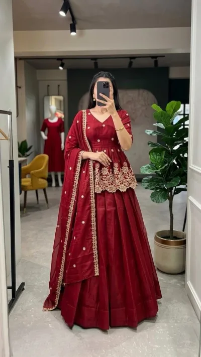 Rust Orange Tissue Silk Peplum Lehenga Set